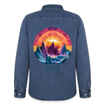 Sunrise Over Peaks - Men’s Organic Denim Shirt by Stanley/Stella - mid washy  - Back - AI Model Male 185 light (185cm)
