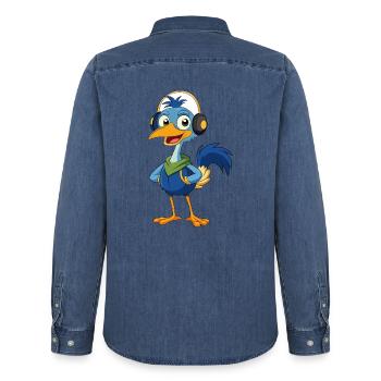 Emu Funny Cartoon Character Musique de casque - Chemise en denim homme bio Stanley/Stella - bleu moyen délavé  - Dos - AI Model Male 185 light (185cm)