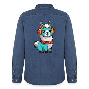 Lama Funny Cartoon Character Casquephone Musique - Chemise en denim homme bio Stanley/Stella - bleu moyen délavé  - Dos - AI Model Male 185 light (185cm)