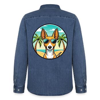 Podenco Canario Hunderasse Cartoon Sonnenbrille Strand - Männer Jeanshemd Organic von Stanley/Stella - verwaschenes Mittelblau  - Hinten - AI Model Male 185 light (185cm)