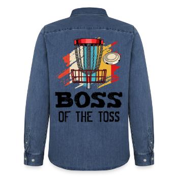 The Toss Discgolf Retro Frisbee Gift - Men’s Organic Denim Shirt by Stanley/Stella - mid washy  - Back - AI Model Male 185 light (185cm)