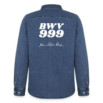 Johann Sebastian Bach BWV 999 - Chemise en denim homme bio Stanley/Stella - bleu moyen délavé  - Dos - AI Model Male 185 light (185cm)