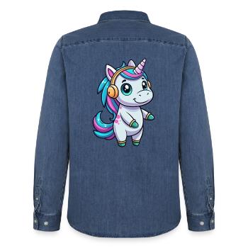 Einhorn Lustige Zeichentrickfigur Kopfhörer Musik - Männer Jeanshemd Organic von Stanley/Stella - verwaschenes Mittelblau  - Hinten - AI Model Male 185 light (185cm)