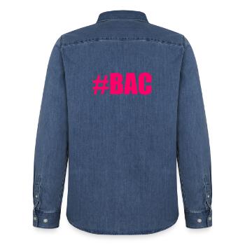 FERRY. BACCALAUREAT. PATENT. DNB. EXAMINATION. WELL DONE - Men’s Organic Denim Shirt by Stanley/Stella - mid washy  - Back - AI Model Male 185 light (185cm)