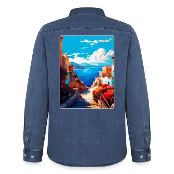 Crète Grèce Affiche de voyage vintage WPA Souvenir - Chemise en denim homme bio Stanley/Stella - bleu moyen délavé  - Dos - AI Model Male 185 light (185cm)