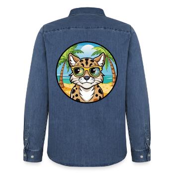 Brume tachetée australienne Race de chat Cartoon Beach - Chemise en denim homme bio Stanley/Stella - bleu moyen délavé  - Dos - AI Model Male 185 light (185cm)