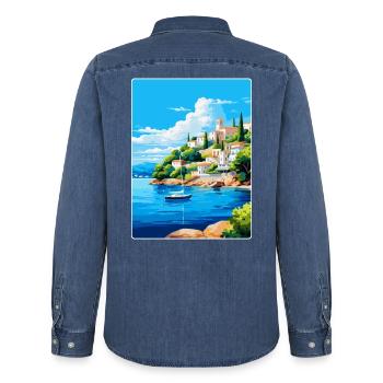 Porto Heli Griechenland Vintage Reiseplakat Souvenir - Männer Jeanshemd Organic von Stanley/Stella - verwaschenes Mittelblau  - Hinten - AI Model Male 185 light (185cm)