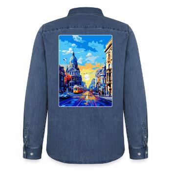Bucharest Romania Vintage Travel Poster Souvenir - Men’s Organic Denim Shirt by Stanley/Stella - mid washy  - Back - AI Model Male 185 light (185cm)