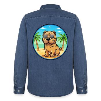 Miniatur Shar Pei Hunderasse Cartoon Sonnenbrille - Männer Jeanshemd Organic von Stanley/Stella - verwaschenes Mittelblau  - Hinten - AI Model Male 185 light (185cm)