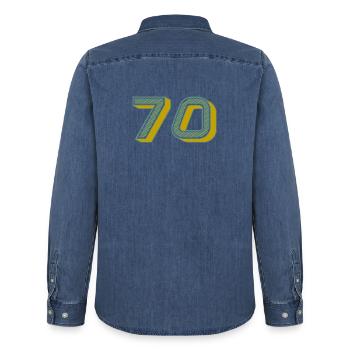 70. 70 ANS. 70e ANNIVERSAIRE. ANNIVERSAIRE 70 ANS. - Chemise en denim homme bio Stanley/Stella - bleu moyen délavé  - Dos - AI Model Male 185 light (185cm)
