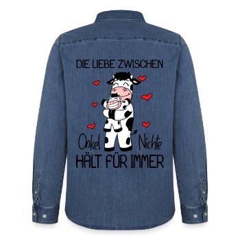 Onkel Nichte Liebe Spruch Kuh Kühe Familie - Männer Jeanshemd Organic von Stanley/Stella - verwaschenes Mittelblau  - Hinten - AI Model Male 185 light (185cm)