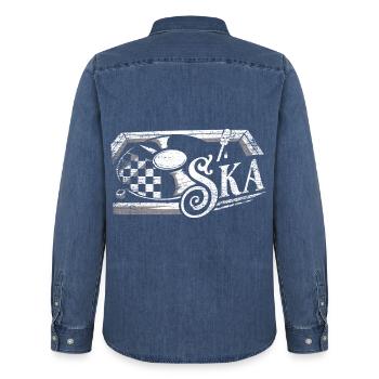 Ausgelassener Ska Reggae Tanzabend - Männer Jeanshemd Organic von Stanley/Stella - verwaschenes Mittelblau  - Hinten - AI Model Male 185 light (185cm)