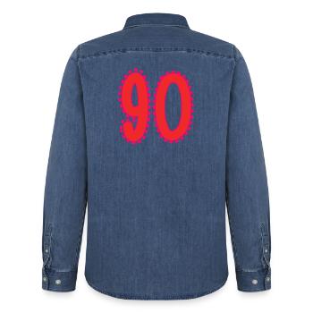 90. 90 YEARS. 90th ANNIVERSARY. 90 YEARS ANNIVERSARY. - Men’s Organic Denim Shirt by Stanley/Stella - mid washy  - Back - AI Model Male 185 light (185cm)