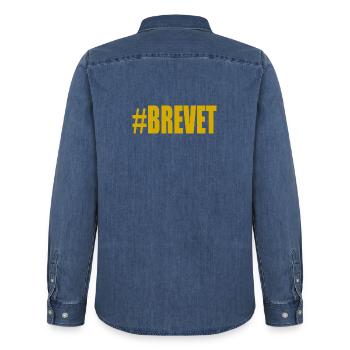 FERRY. BACCALAUREAT. PATENT. DNB. EXAMINATION. WELL DONE - Men’s Organic Denim Shirt by Stanley/Stella - mid washy  - Back - AI Model Male 185 light (185cm)