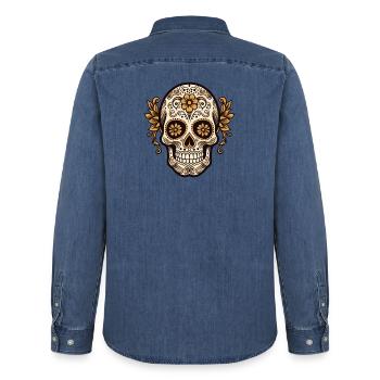 Calavera Sugar Skull - Männer Jeanshemd Organic von Stanley/Stella - verwaschenes Mittelblau  - Hinten - AI Model Male 185 light (185cm)