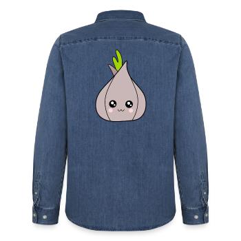 Kawaii Onion Garlic Kawaii Vegetables Kawaii Fruit - Men’s Organic Denim Shirt by Stanley/Stella - mid washy  - Back - AI Model Male 185 light (185cm)