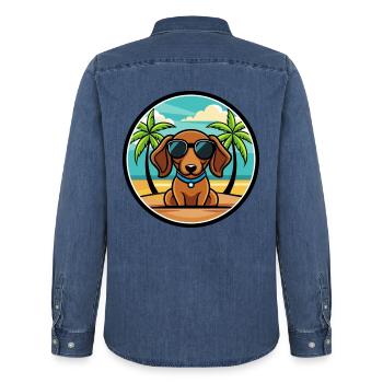 Miniatur Dackel Hund Rasse Cartoon Sonnenbrille - Männer Jeanshemd Organic von Stanley/Stella - verwaschenes Mittelblau  - Hinten - AI Model Male 185 light (185cm)