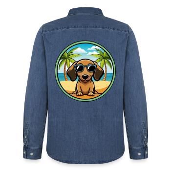 Miniatur Dackel Hund Rasse Cartoon Sonnenbrille - Männer Jeanshemd Organic von Stanley/Stella - verwaschenes Mittelblau  - Hinten - AI Model Male 185 light (185cm)