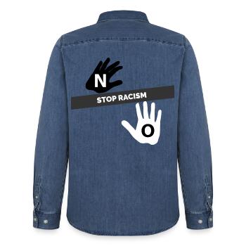 Say No to Racism T-Shirt - Men’s Organic Denim Shirt by Stanley/Stella - mid washy  - Back - AI Model Male 185 light (185cm)
