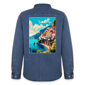 Amalfi Italien Vintage Reiseposter WPA Souvenir - Männer Jeanshemd Organic von Stanley/Stella - verwaschenes Mittelblau  - Hinten - AI Model Male 185 light (185cm)