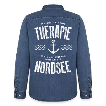 Ich brauch keine Therapie ich muss an die Nordsee - Männer Jeanshemd Organic von Stanley/Stella - verwaschenes Mittelblau  - Hinten - AI Model Male 185 light (185cm)