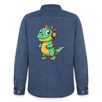 Dinosaurier Lustige Cartoon Figur Kopfhörer Musik - Männer Jeanshemd Organic von Stanley/Stella - verwaschenes Mittelblau  - Hinten - AI Model Male 185 light (185cm)