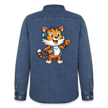 Tiger Funny Cartoon Character Musique de casque - Chemise en denim homme bio Stanley/Stella - bleu moyen délavé  - Dos - AI Model Male 185 light (185cm)