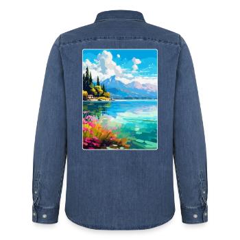 See Annecy Frankreich Vintage Reiseplakat Souvenir - Männer Jeanshemd Organic von Stanley/Stella - verwaschenes Mittelblau  - Hinten - AI Model Male 185 light (185cm)