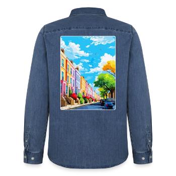 Notting Hill London England Vereinigtes Königreich Reiseposter WPA - Männer Jeanshemd Organic von Stanley/Stella - verwaschenes Mittelblau  - Hinten - AI Model Male 185 light (185cm)