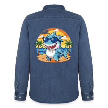 Hai Lustige Cartoon Sommer Strand Sonnenbrille - Männer Jeanshemd Organic von Stanley/Stella - verwaschenes Mittelblau  - Hinten - AI Model Male 185 light (185cm)