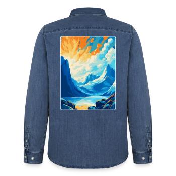 Bodo Norvège Affiche de voyage vintage WPA Art Souvenir - Chemise en denim homme bio Stanley/Stella - bleu moyen délavé  - Dos - AI Model Male 185 light (185cm)