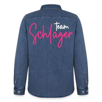 Team Schlager - Männer Jeanshemd Organic von Stanley/Stella - verwaschenes Mittelblau  - Hinten - AI Model Male 185 light (185cm)