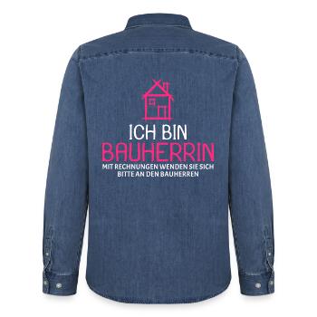 Bauherr Baumeister Hausbau Bauherrin Geschenk - Männer Jeanshemd Organic von Stanley/Stella - verwaschenes Mittelblau  - Hinten - AI Model Male 185 light (185cm)