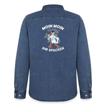 Moin Moin ihr spacken Möwe Nordsee Ostsee Norden - Männer Jeanshemd Organic von Stanley/Stella - verwaschenes Mittelblau  - Hinten - AI Model Male 185 light (185cm)