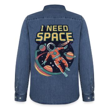 I Need Space - Men’s Organic Denim Shirt by Stanley/Stella - mid washy  - Back - AI Model Male 185 light (185cm)