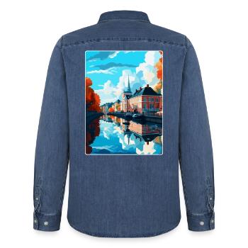 Karlstad, Suède, Affiche de voyage vintage, Souvenir WPA - Chemise en denim homme bio Stanley/Stella - bleu moyen délavé  - Dos - AI Model Male 185 light (185cm)