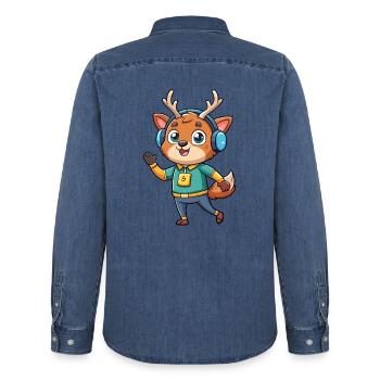cerf drôle dessin animé personnage casque musique - Chemise en denim homme bio Stanley/Stella - bleu moyen délavé  - Dos - AI Model Male 185 light (185cm)