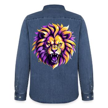 Wilder Löwe in Lila und Gelb - Männer Jeanshemd Organic von Stanley/Stella - verwaschenes Mittelblau  - Hinten - AI Model Male 185 light (185cm)