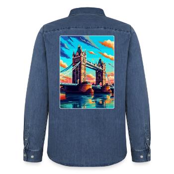 Tower Bridge England Uk Vintage Travel Poster WPA - Men’s Organic Denim Shirt by Stanley/Stella - mid washy  - Back - AI Model Male 185 light (185cm)