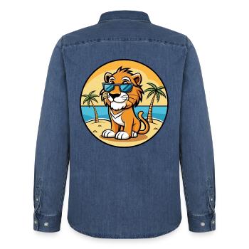 Liger Hybride Lion Tigre Chat Race Dessin Animé Plage - Chemise en denim homme bio Stanley/Stella - bleu moyen délavé  - Dos - AI Model Male 185 light (185cm)