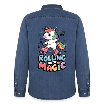 Rolling With Magic - Men’s Organic Denim Shirt by Stanley/Stella - mid washy  - Back - AI Model Male 185 light (185cm)