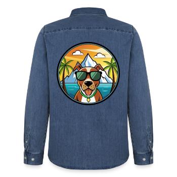 Mountain Cur Hund Rasse Cartoon Sonnenbrille Strand - Männer Jeanshemd Organic von Stanley/Stella - verwaschenes Mittelblau  - Hinten - AI Model Male 185 light (185cm)