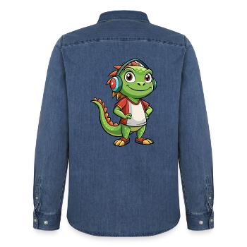 Leguan Lustige Zeichentrickfigur Kopfhörer Musik - Männer Jeanshemd Organic von Stanley/Stella - verwaschenes Mittelblau  - Hinten - AI Model Male 185 light (185cm)
