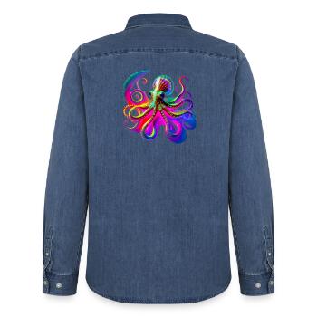 Psychedelic Neon Octopus - Men’s Organic Denim Shirt by Stanley/Stella - mid washy  - Back - AI Model Male 185 light (185cm)