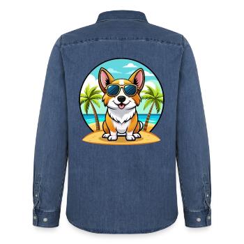 Strickjacke Welsh Corgi Hund Rasse Cartoon Sonnenbrille - Männer Jeanshemd Organic von Stanley/Stella - verwaschenes Mittelblau  - Hinten - AI Model Male 185 light (185cm)