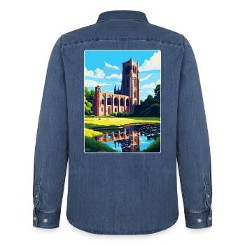 Fountains Abbey North Yorkshire Reiseposter WPA - Männer Jeanshemd Organic von Stanley/Stella - verwaschenes Mittelblau  - Hinten - AI Model Male 185 light (185cm)