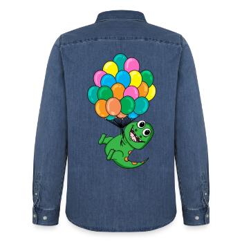 Baby Dinosaurier Luftballon - Männer Jeanshemd Organic von Stanley/Stella - verwaschenes Mittelblau  - Hinten - AI Model Male 185 light (185cm)