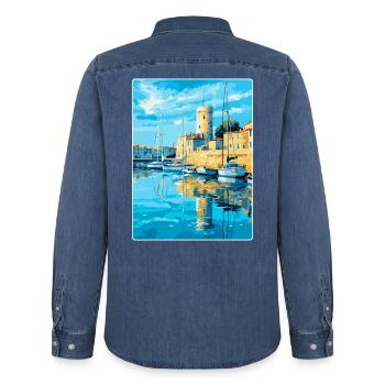 La Rochelle Frankreich Vintage Reiseplakat Souvenir - Männer Jeanshemd Organic von Stanley/Stella - verwaschenes Mittelblau  - Hinten - AI Model Male 185 light (185cm)