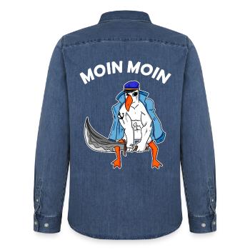Moin Moin Möwe mit Schwert Nordsee Ostsee Seemann - Männer Jeanshemd Organic von Stanley/Stella - verwaschenes Mittelblau  - Hinten - AI Model Male 185 light (185cm)