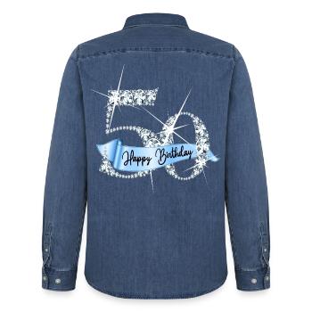 Design d’anniversaire en diamant pailleté pour le 50e anniversaire - Chemise en denim homme bio Stanley/Stella - bleu moyen délavé  - Dos - AI Model Male 185 light (185cm)